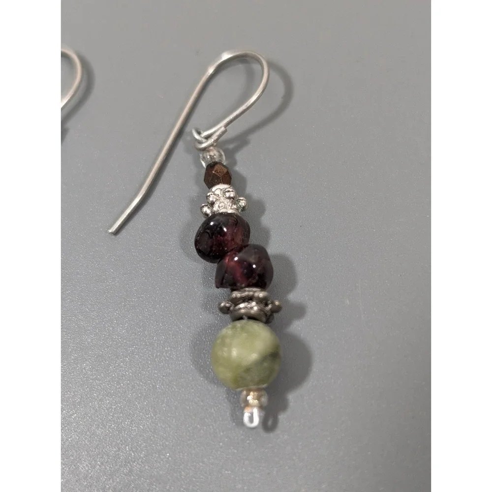 Green Aventurine Garnet Bead Dangle Earrings‎ Boho Gemstone Drop